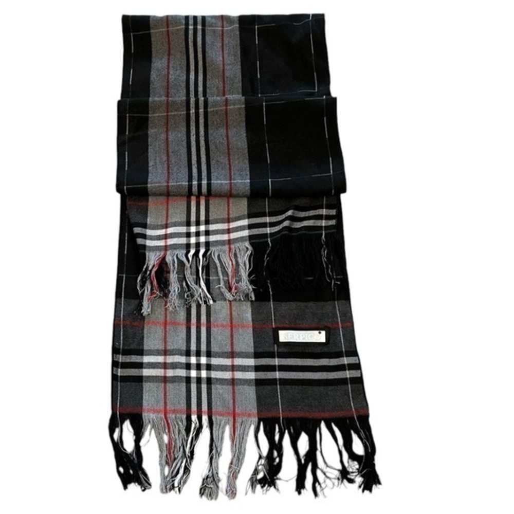 SERPICO thin flat weave gray tartan plaid unisex long 76” scarf w/ fringe